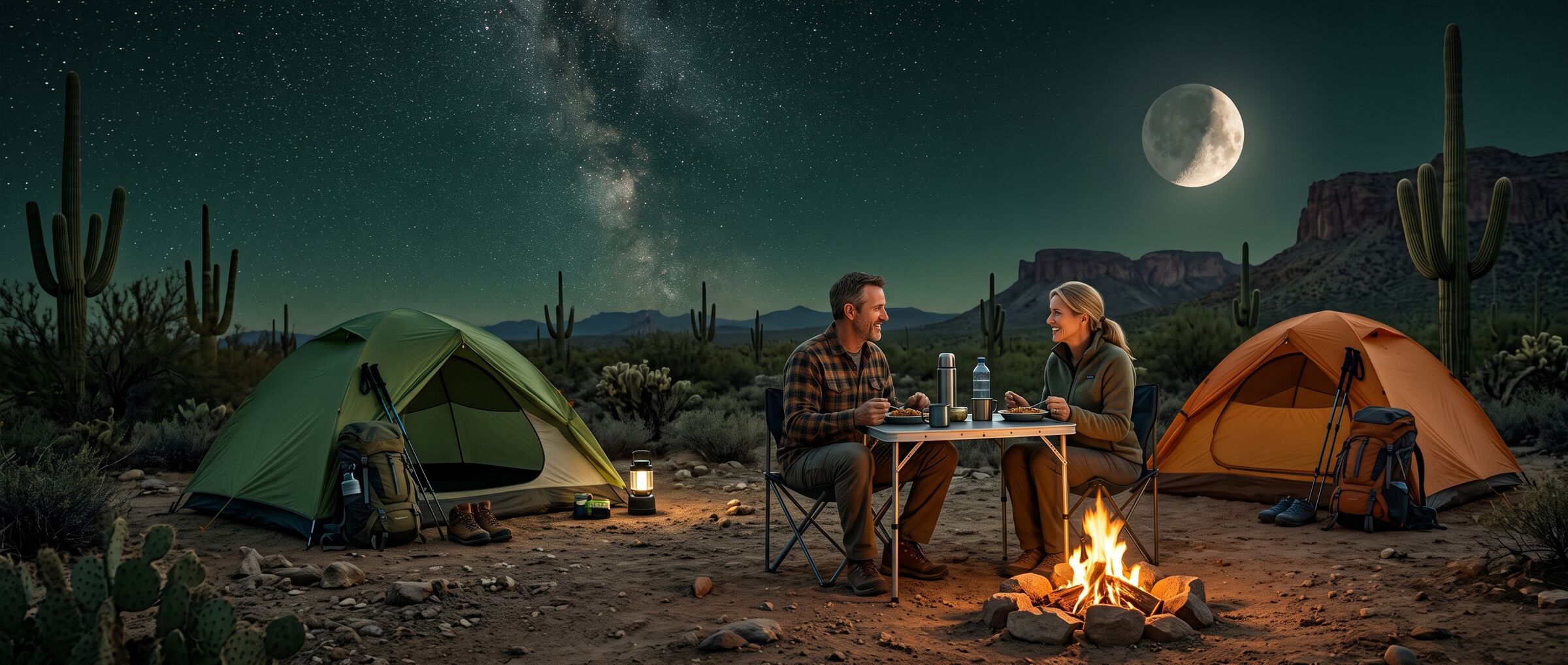 Two solo campers sharing dinner at a small table beside a campfire in the Arizona desert at night, their separate tents on either side, under a starry sky with the Milky Way and a bright moon over saguaro cactus and desert mesas.